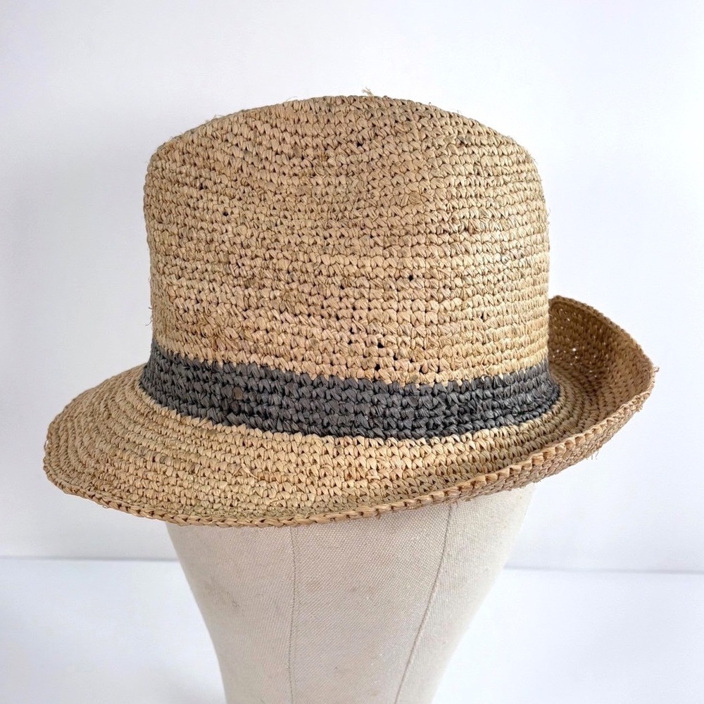 Shebobo Fedora Hat Tan 100% Raffia Handmade in Madagascar Grey Band Size M